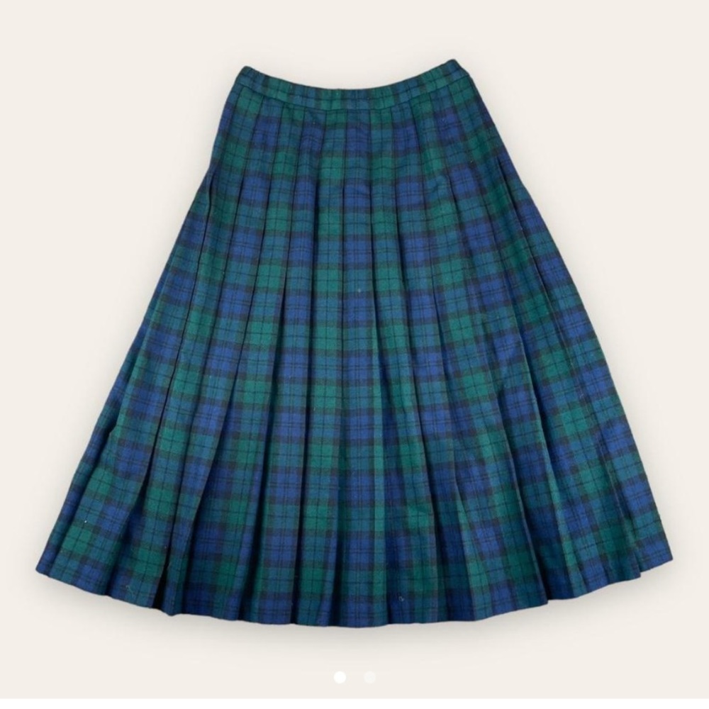 Pendleton | 70’s Pleated Green & Navy tartan plaid midi pleated skirt | size 10